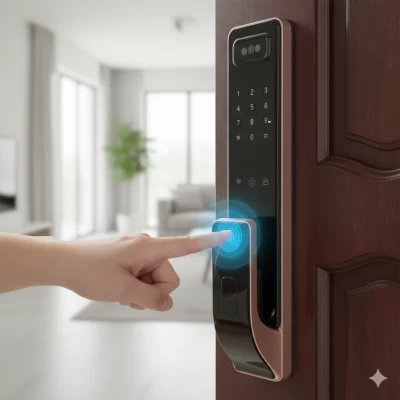 Khóa điện tử thông minh trên cửa gỗ, một người đang chạm vân tay để mở khóa.